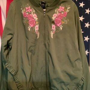 Disney Olive Bomber Jacket with Pink Floral Embroidery